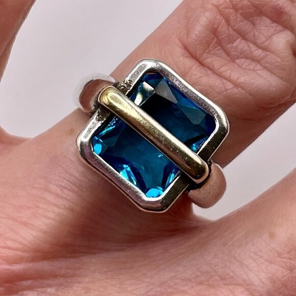 Adjustable 925 Silver Large Faux Blue Zircon w/ Gold Tone Metal Strap Ring #1303 - Picture 8 of 12